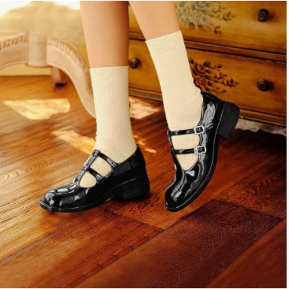 YDN Black Square Toe Platform Mary Jane Chunky Low Heel Pumps Double Straps Shoe - Picture 1 of 8